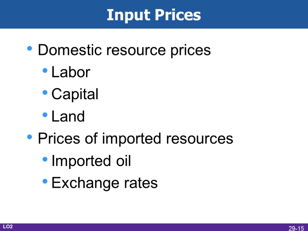 Input Prices Domestic resource prices Labor Capital Land Prices of imported resources Imported oil